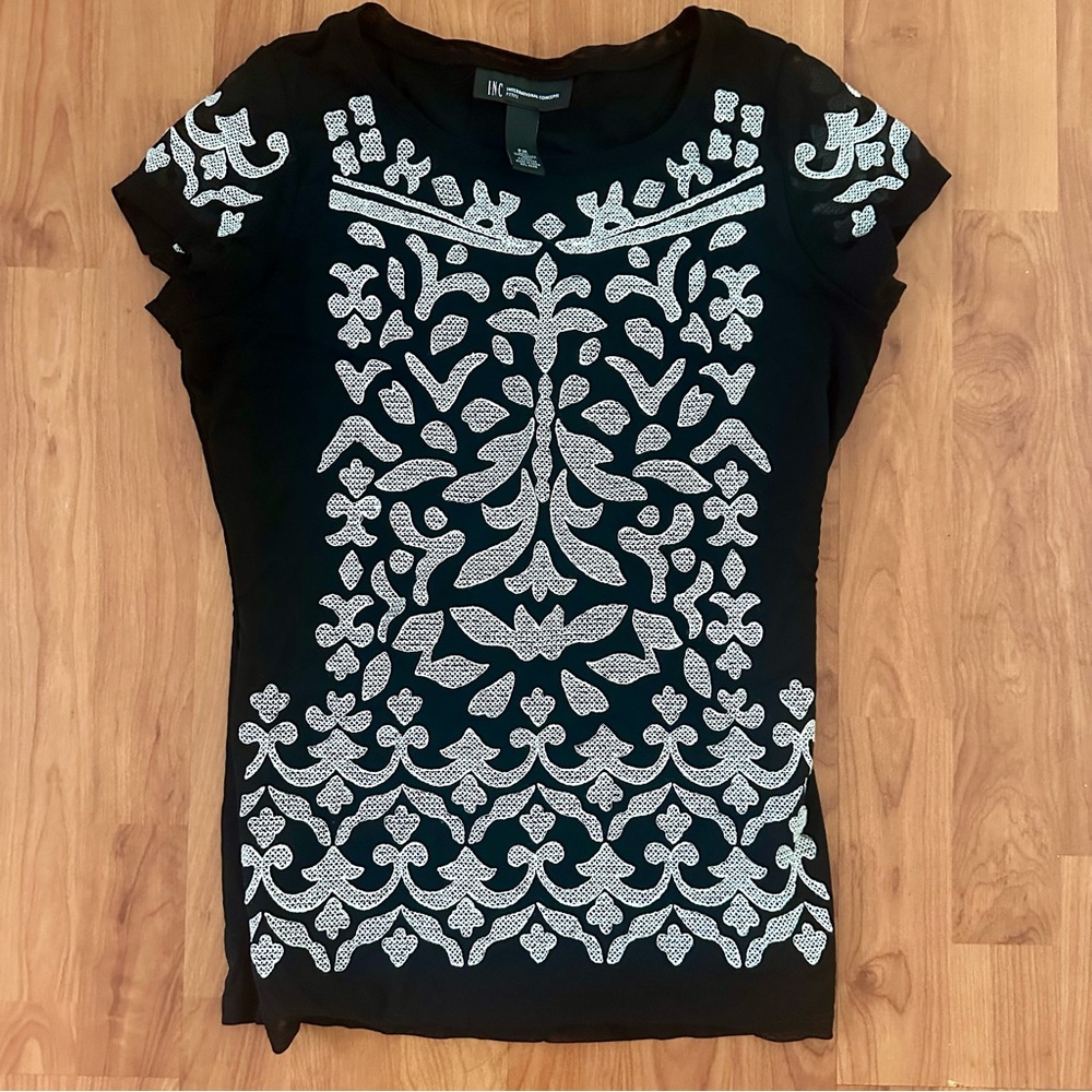 I.N.C. Elegant Black and White Embroidered Women's Top mesh sleeves